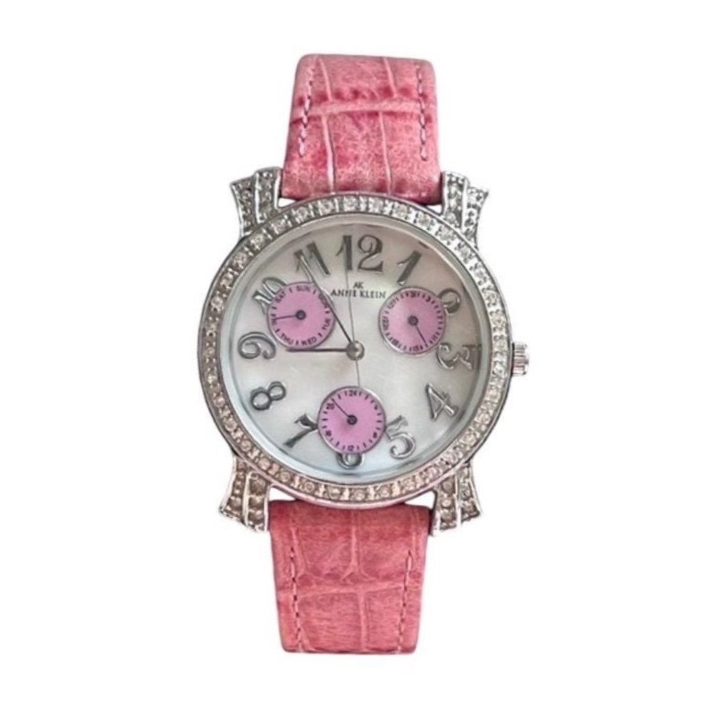 Anne Klein Vintage Pink Leather Crystal Mother of Pearl Dial Watch Feminine